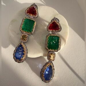 Sabyasachi Inspired Multicolor Gemstone Drop Earrings - Red, Green & Blue